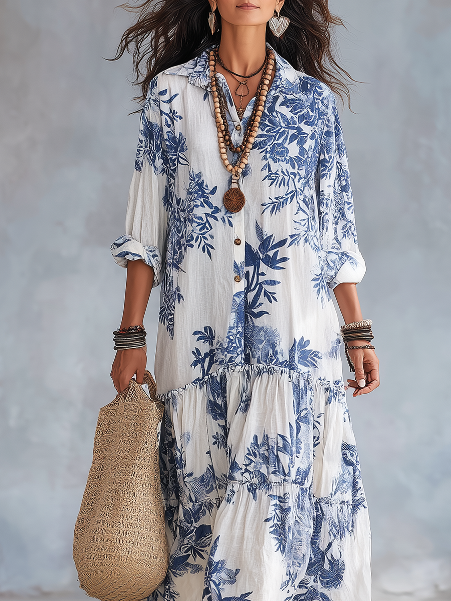Liora | Elegant blue floral maxi dress with button details