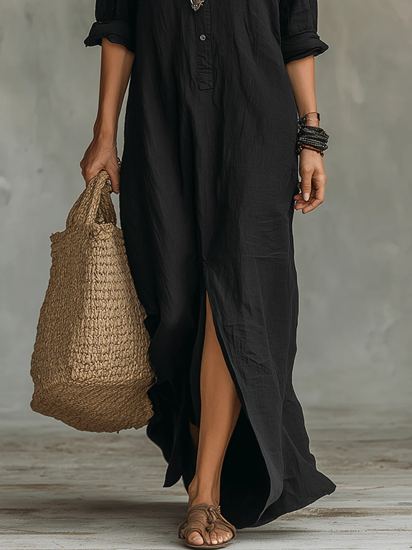 Alessia – Soft Black Buttoned Maxi Dress