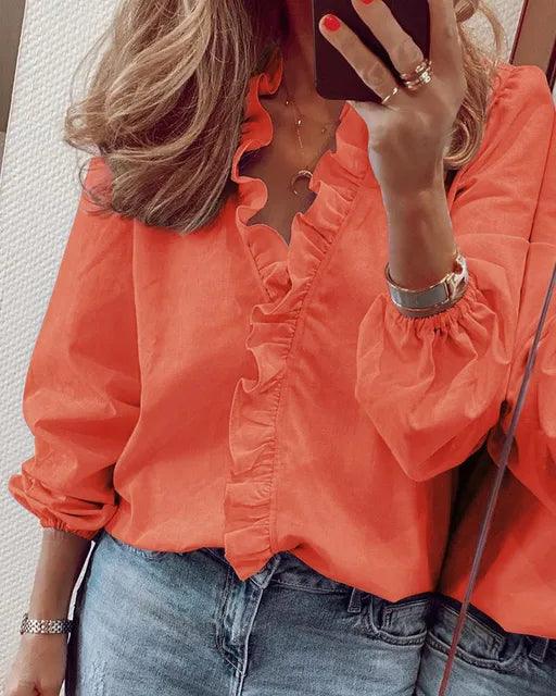 Serena | Chic V-Neck Blouse with Ruffle Accents