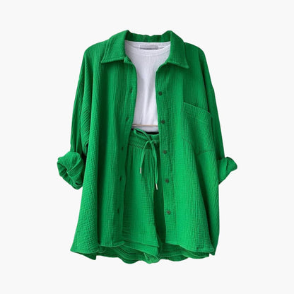 Women's Three-Piece Set |  Button-front Shirt, Top, and Shorts