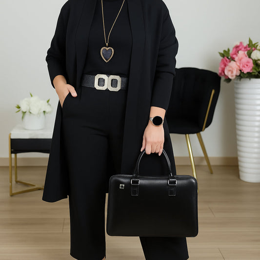 Women's Three-Piece Set | Longline Cardigan Straight Pants