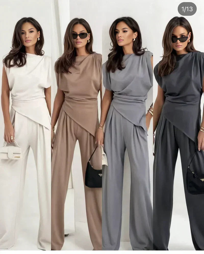 Women's Two-Piece Set | Draped Top and  Wide-leg Pants