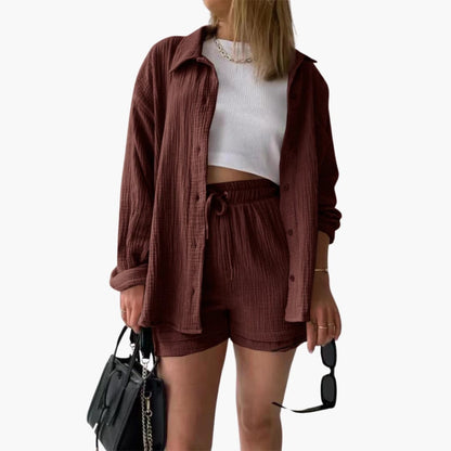 Women's Three-Piece Set |  Button-front Shirt, Top, and Shorts