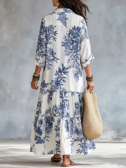 Liora | Elegant blue floral maxi dress with button details