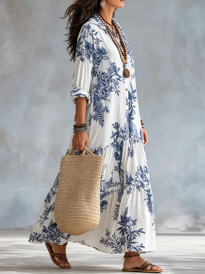 Liora | Elegant blue floral maxi dress with button details