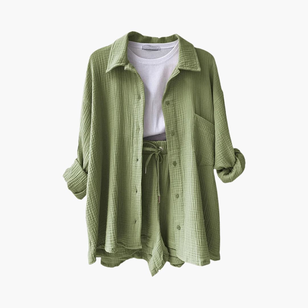 Women's Three-Piece Set |  Button-front Shirt, Top, and Shorts