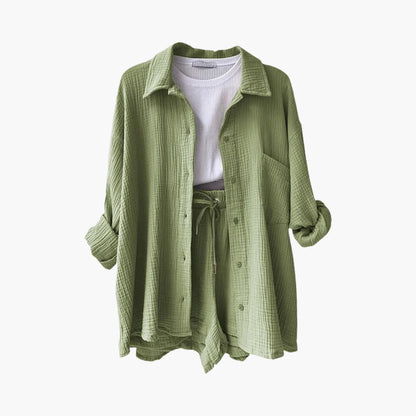 Women's Three-Piece Set |  Button-front Shirt, Top, and Shorts