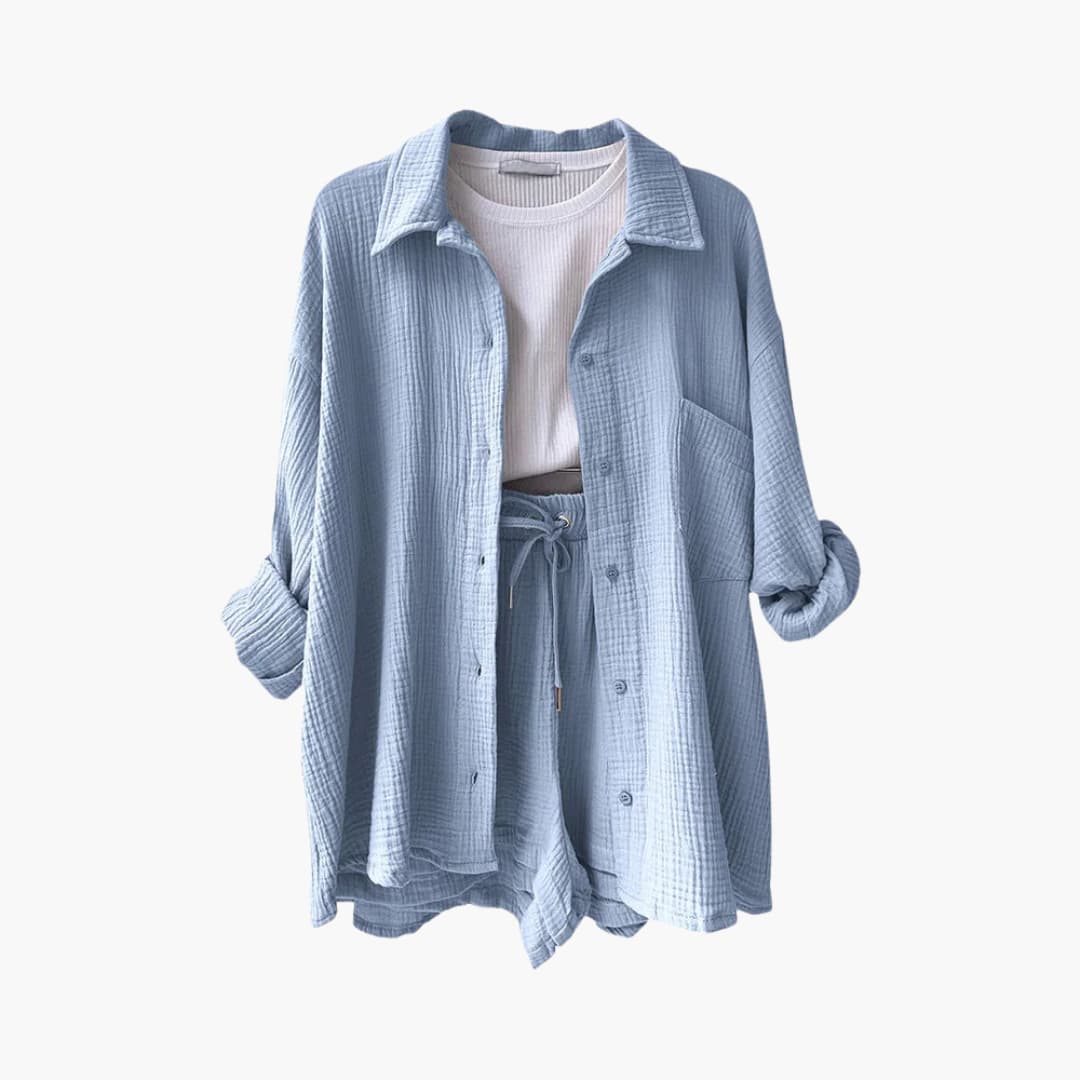 Women's Three-Piece Set |  Button-front Shirt, Top, and Shorts
