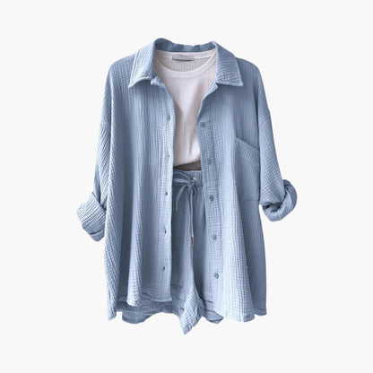 Women's Three-Piece Set |  Button-front Shirt, Top, and Shorts