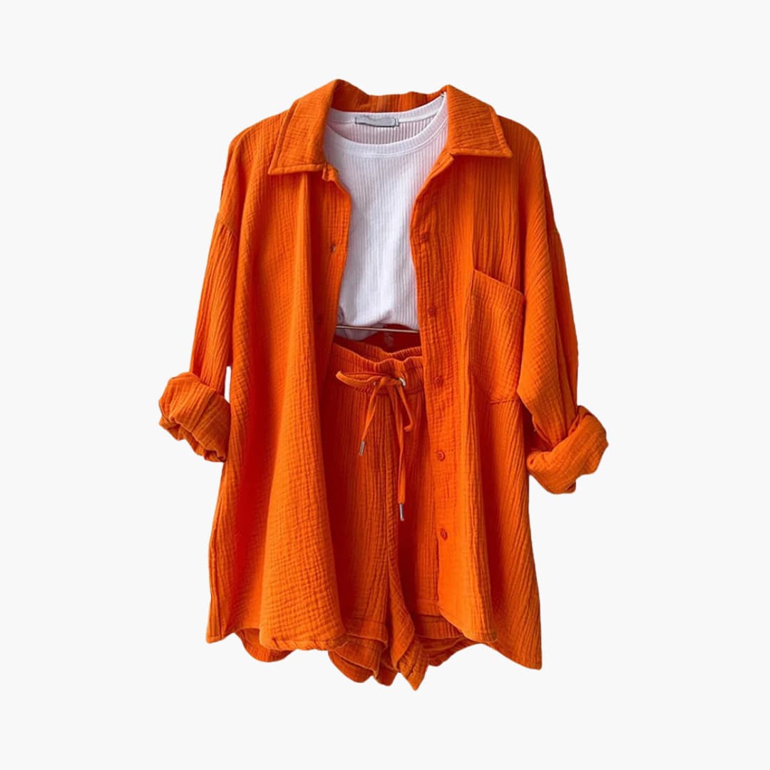 Women's Three-Piece Set |  Button-front Shirt, Top, and Shorts