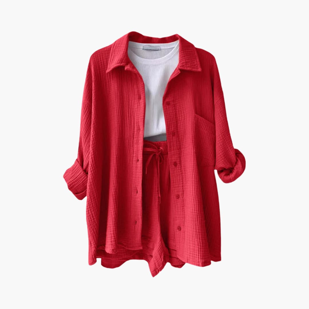 Women's Three-Piece Set |  Button-front Shirt, Top, and Shorts