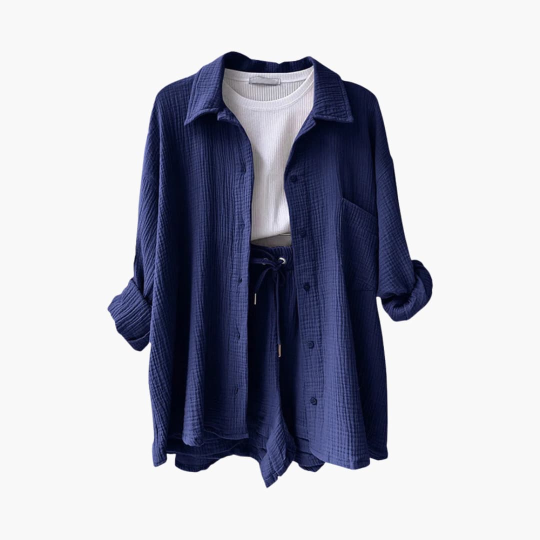 Women's Three-Piece Set |  Button-front Shirt, Top, and Shorts
