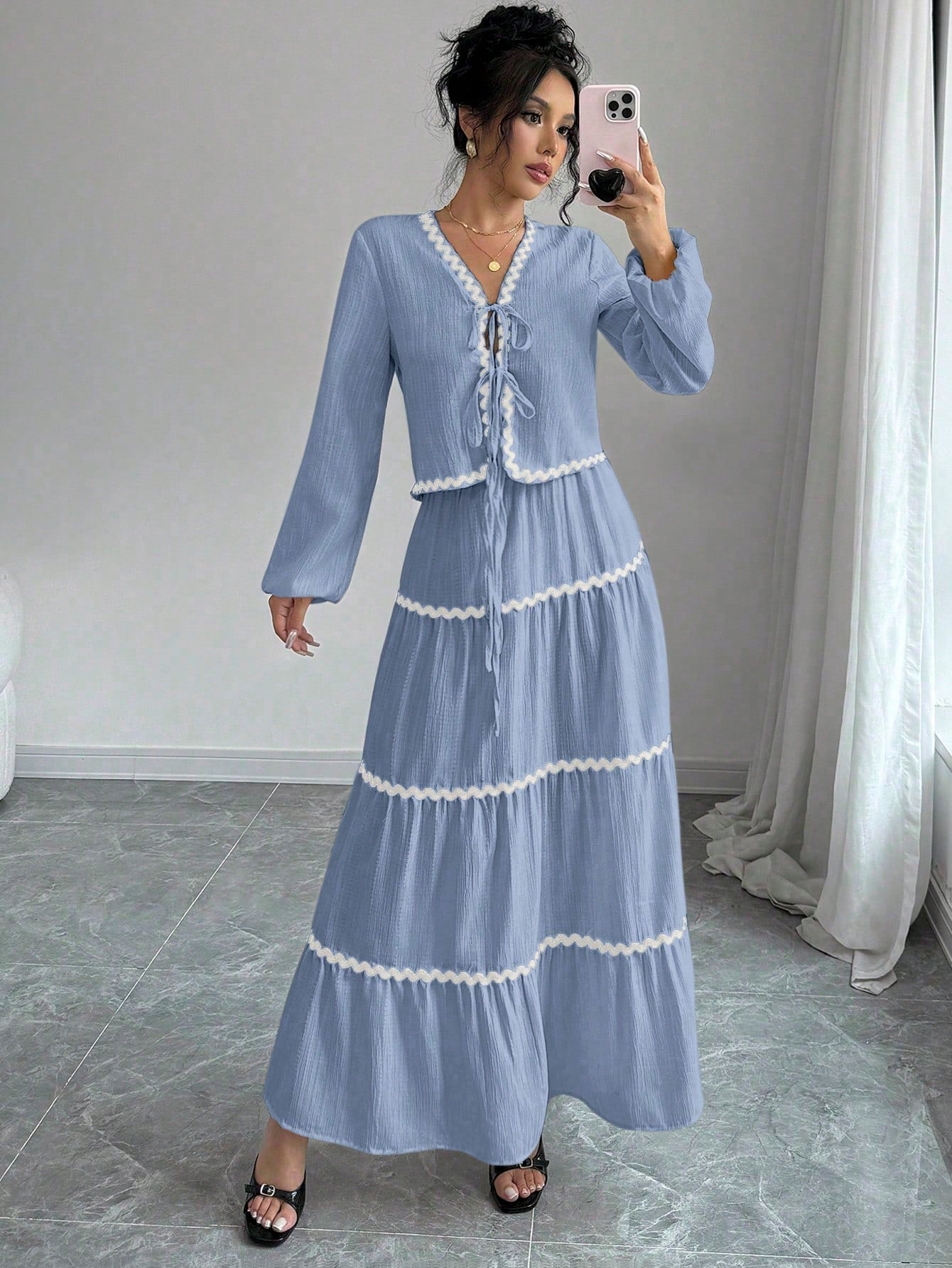 Women's Two-Piece Set | V-Neck Ruffled