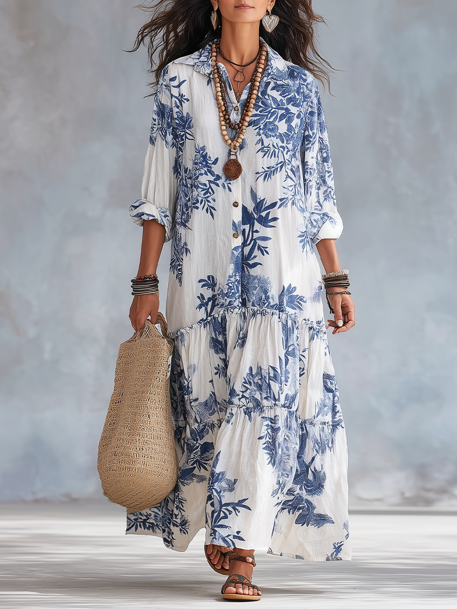 Liora | Elegant blue floral maxi dress with button details