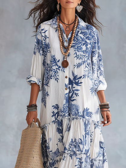 Liora | Elegant blue floral maxi dress with button details