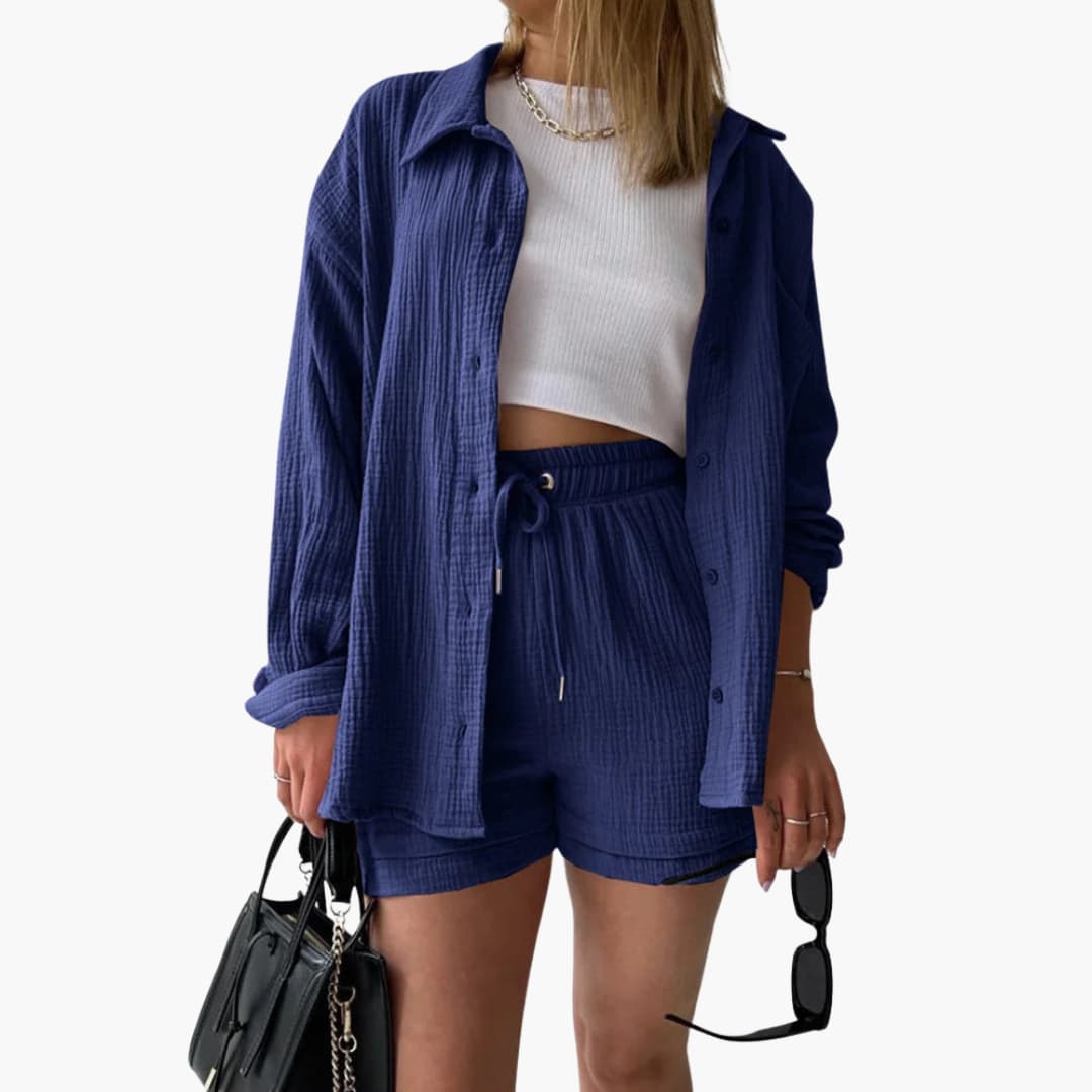 Women's Three-Piece Set |  Button-front Shirt, Top, and Shorts