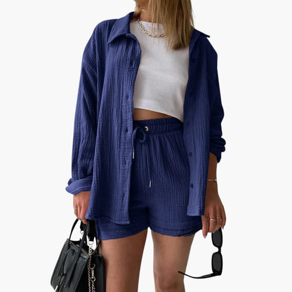 Women's Three-Piece Set |  Button-front Shirt, Top, and Shorts