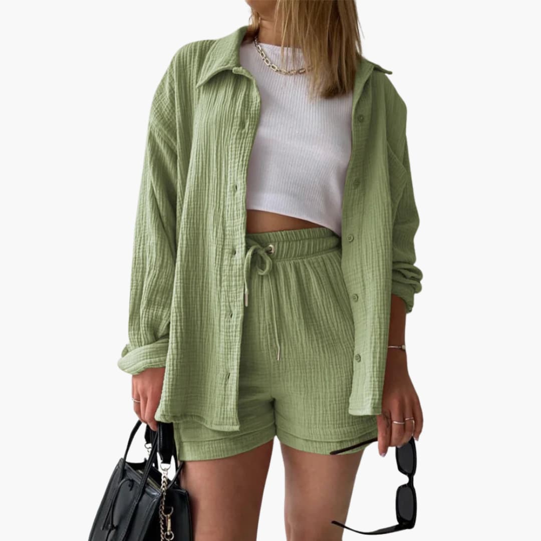 Women's Three-Piece Set |  Button-front Shirt, Top, and Shorts