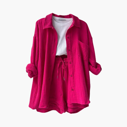 Women's Three-Piece Set |  Button-front Shirt, Top, and Shorts
