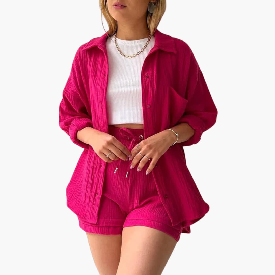Women's Three-Piece Set |  Button-front Shirt, Top, and Shorts