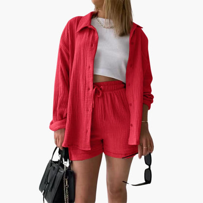 Women's Three-Piece Set |  Button-front Shirt, Top, and Shorts
