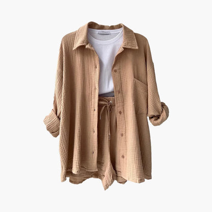 Women's Three-Piece Set |  Button-front Shirt, Top, and Shorts