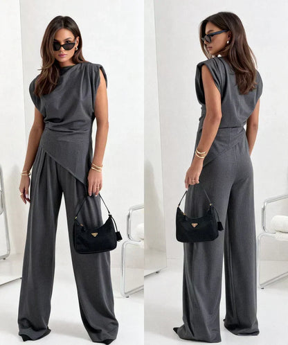 Women's Two-Piece Set | Draped Top and  Wide-leg Pants