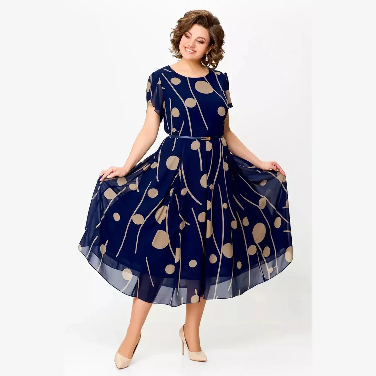 Maggie | Effortlessly tailored navy polka dot chiffon midi dress