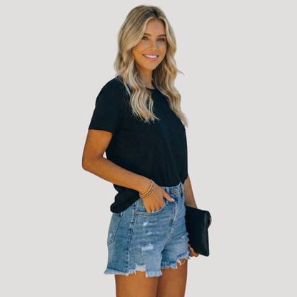 Jacolien | High-Waisted Denim Shorts with Frayed Hem for Women