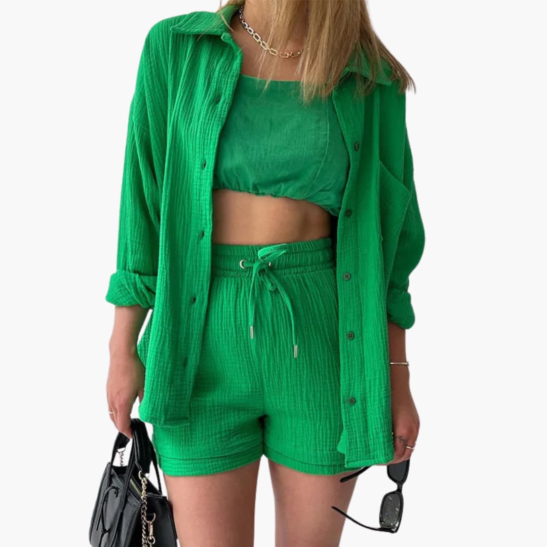 Women's Three-Piece Set |  Button-front Shirt, Top, and Shorts