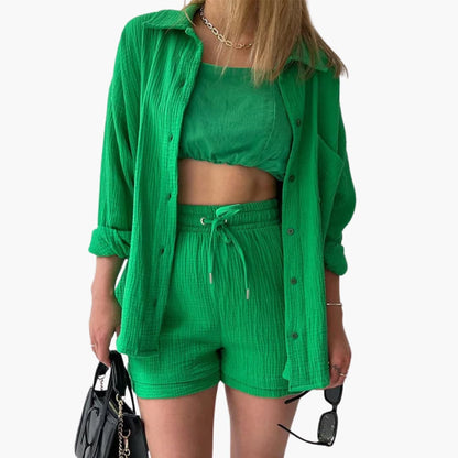 Women's Three-Piece Set |  Button-front Shirt, Top, and Shorts