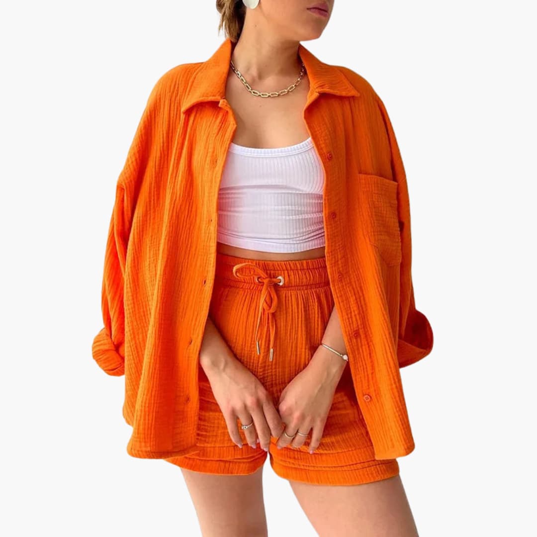 Women's Three-Piece Set |  Button-front Shirt, Top, and Shorts