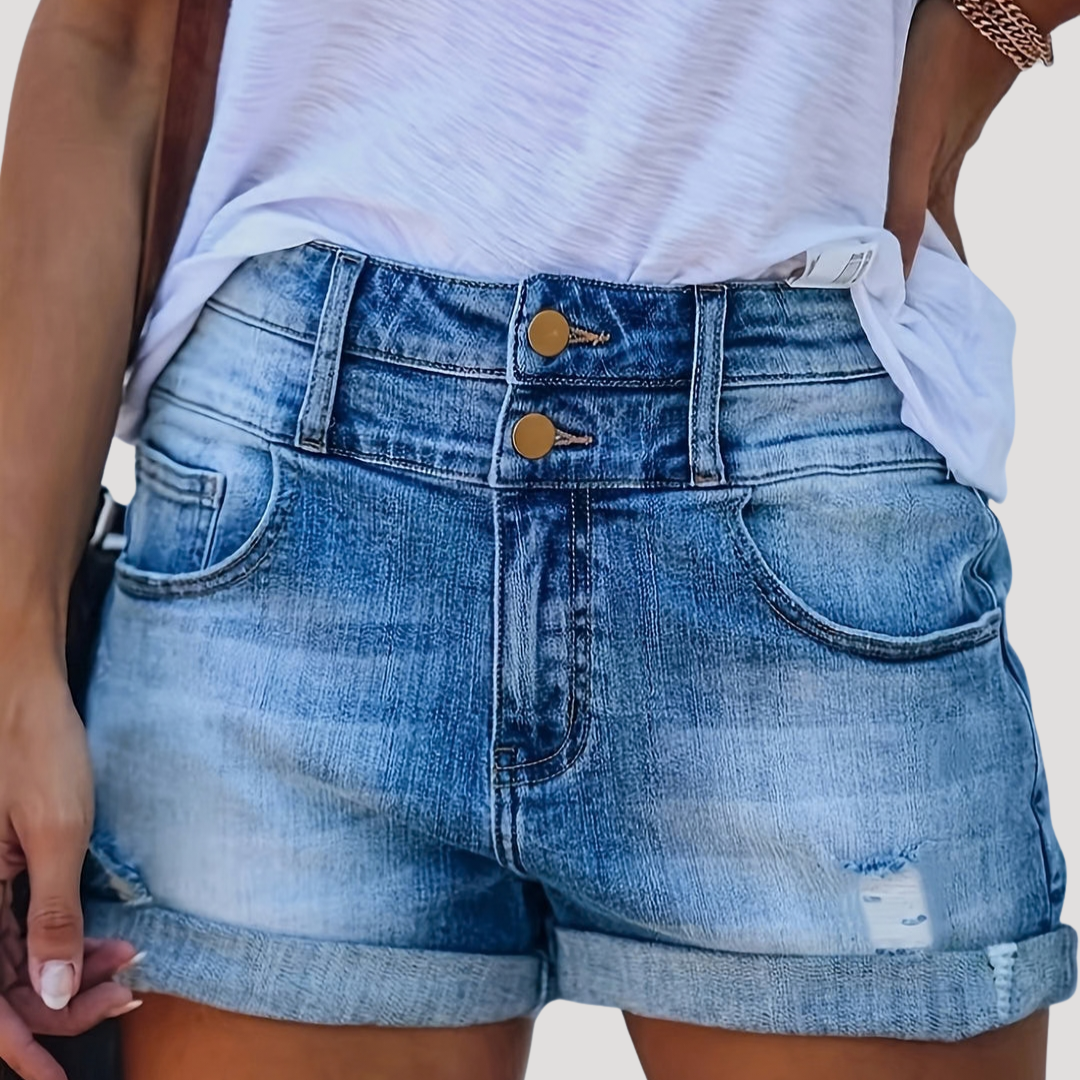 Lobke | High Waist Denim Shorts with Turn-Up Hems for Women