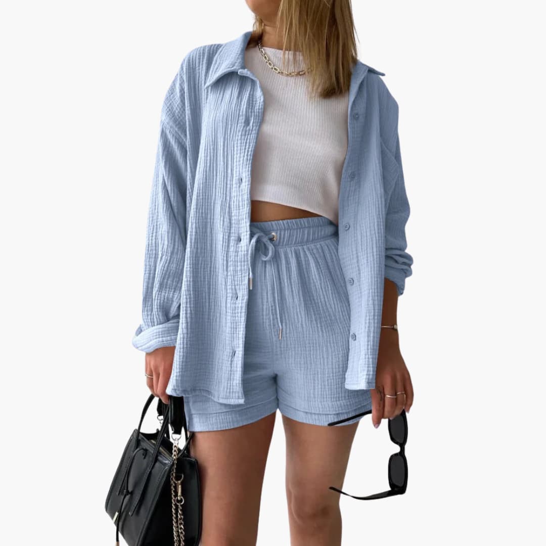 Women's Three-Piece Set |  Button-front Shirt, Top, and Shorts