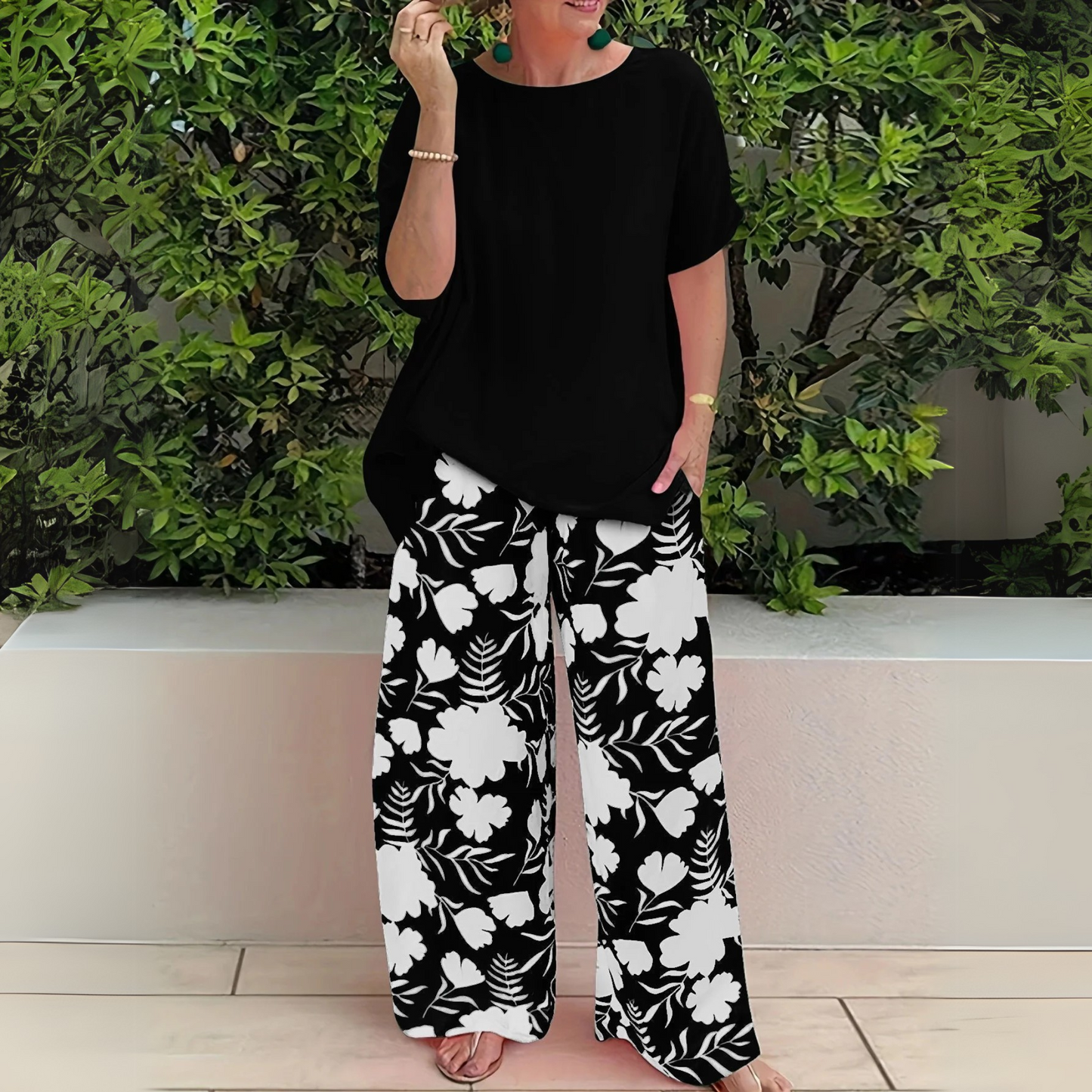 Women's Two-Piece Set  | Top and Wide Leg Printed Pants