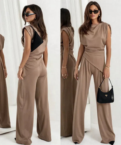 Women's Two-Piece Set | Draped Top and  Wide-leg Pants