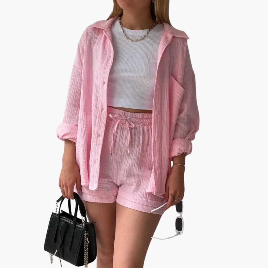 Women's Three-Piece Set |  Button-front Shirt, Top, and Shorts
