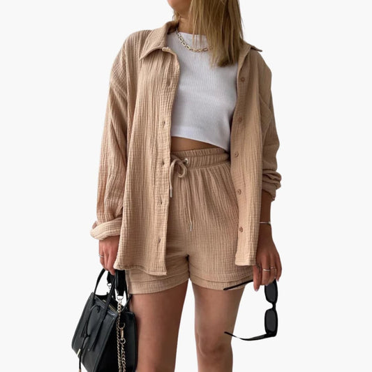 Women's Three-Piece Set | Button-front Shirt, Top, and Shorts