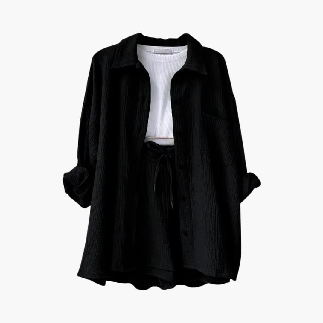 Women's Three-Piece Set |  Button-front Shirt, Top, and Shorts