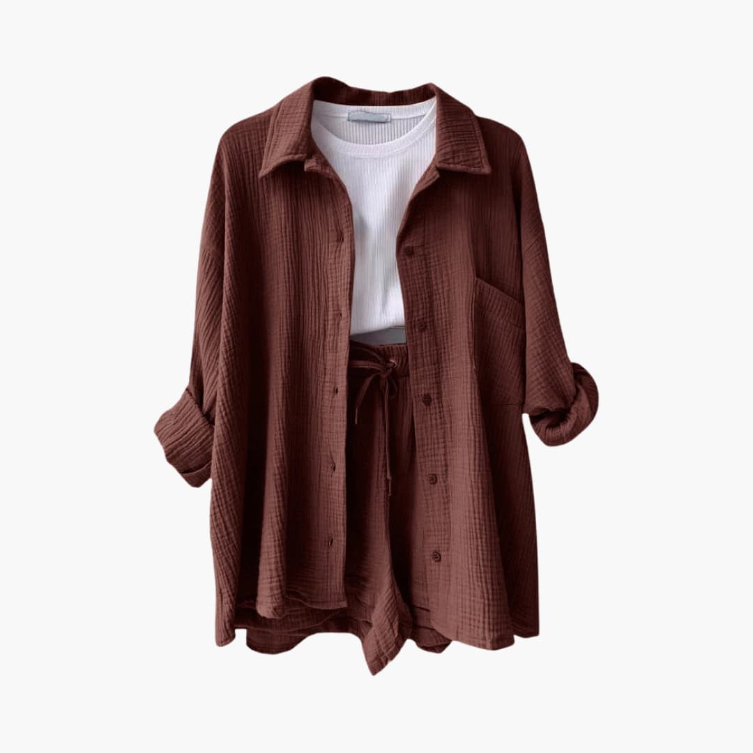 Women's Three-Piece Set |  Button-front Shirt, Top, and Shorts
