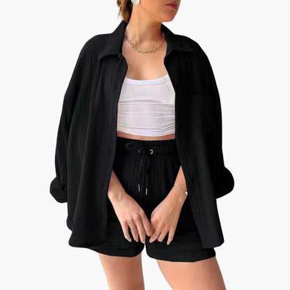 Women's Three-Piece Set |  Button-front Shirt, Top, and Shorts