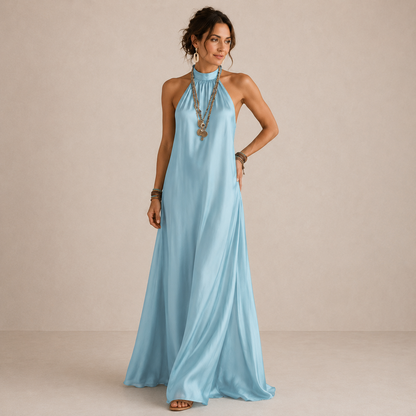 Magnolia | Blue Halter Neck Flowing Maxi Dress