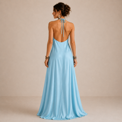 Magnolia | Blue Halter Neck Flowing Maxi Dress