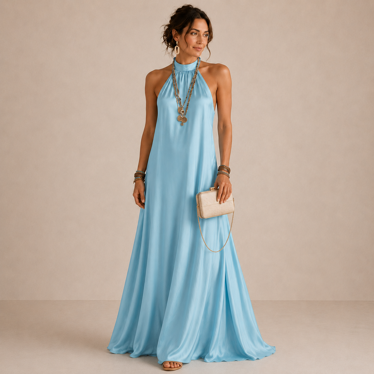 Magnolia | Blue Halter Neck Flowing Maxi Dress
