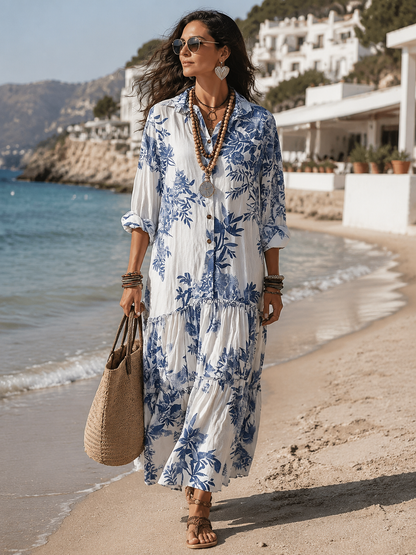 Liora | Elegant blue floral maxi dress with button details