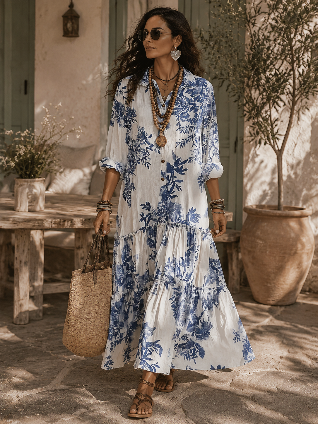 Liora | Elegant blue floral maxi dress with button details
