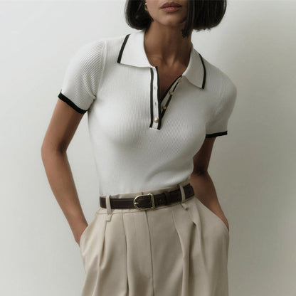 Valentina | Chic Ribbed Knit Top with Stylish Contrast Lapel
