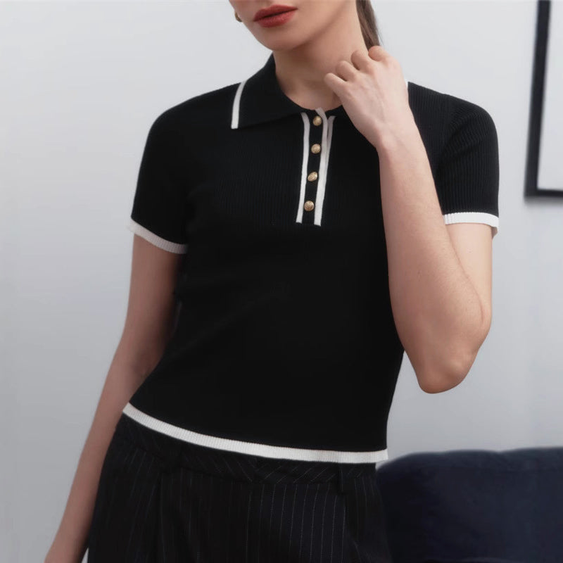 Valentina | Chic Ribbed Knit Top with Stylish Contrast Lapel