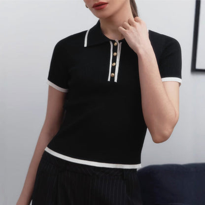 Valentina | Chic Ribbed Knit Top with Stylish Contrast Lapel