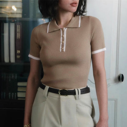 Valentina | Chic Ribbed Knit Top with Stylish Contrast Lapel